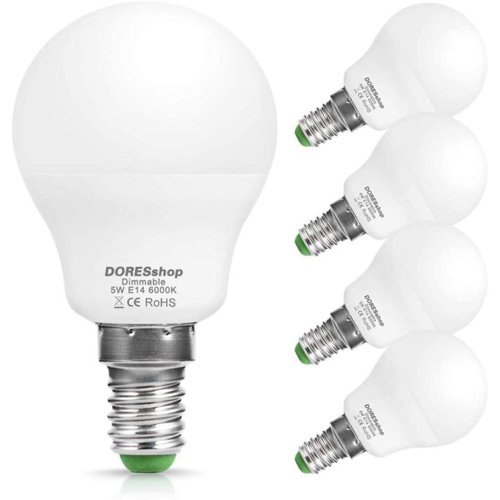 DORESshop E14 Dimmable LED Bulb, 5W P45 Small Edison Screw Bulbs(SES) Golf Ball Bulbs, 40W Incandescent Equivalent, 6000K(Daylight White),450LM, Not Suitable for 3-Way Dimmable Lamps, 4-Pack  [Energy Class A+]