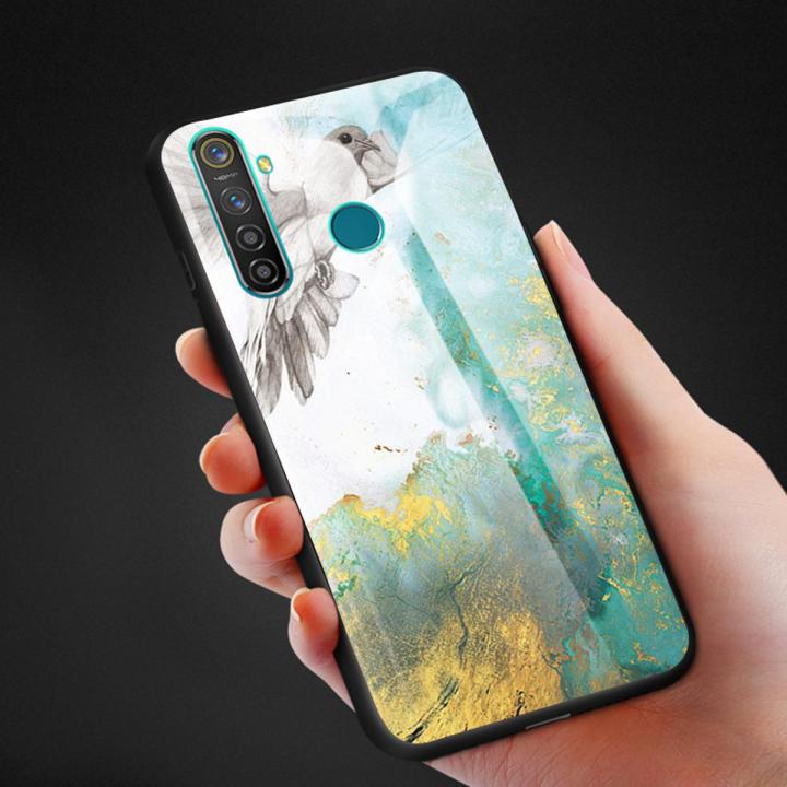 Biruiqu For Realme 5 5s 5i Realme C3 Shockproof Fashion Marble Tempered Glass Back Case Cover