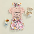 Infant Baby Girl 3 Pcs Outfit Sets, Letter Printed Ruffle Trim Short Sleeve Romper + Floral Print Shorts + Headband. 