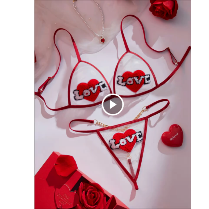 Women Transparent Mesh Love Lingerie Set – Heart Design Bra & Panty Set ...