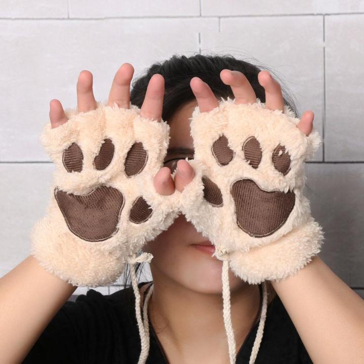 【Happier】 Cute Cat Paw Fluffy Claw Fingerless Gloves Warm Soft Plush Fingerless Panda Glove Half Finger Women Winter Wear Christmas Gifts