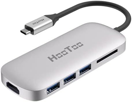 HooToo USB C Hub, HooToo USB C Adapter/Charger USB C to USB 3.1 with Type C Charging Port, USB C to HDMI Output, Card Reader, 3 USB 3.0 Ports – Silver ORIGINAL UK ZONE