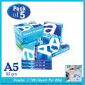 Pack of 5 Paper Rim, A5 Paper Rim 80gm, Double A Paper Ream, Original Paper Ream A5 80gm, AA Paper Rim. 