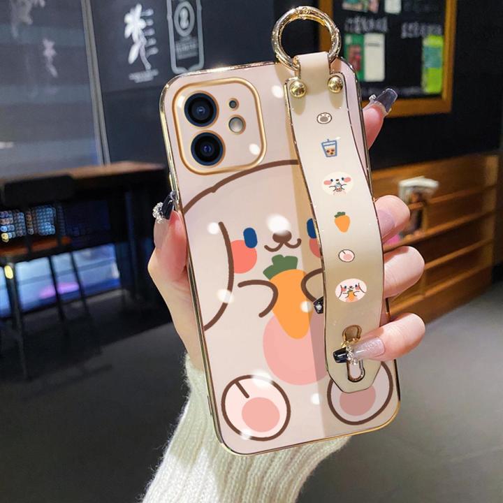 chenyyka For iPhone 12 Pro Max Case With Wristband New Design Square Edge Phone Case Cute Line Rabbit Pattern Shockproof Plating Silicone Casing Full Cover SoftCase Protection Cases Girl Women