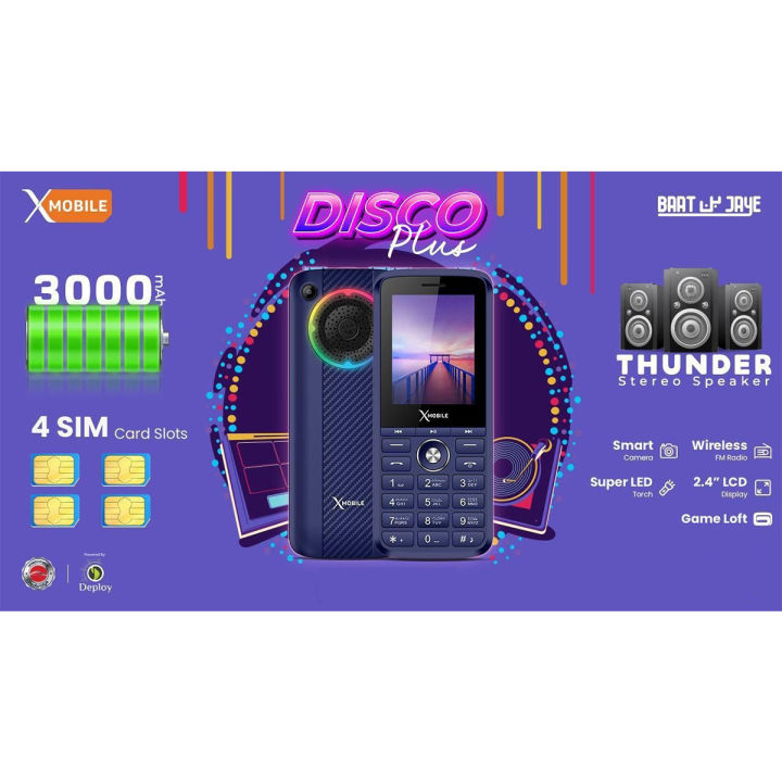 Xmobile Disco Plus, 4 Active Sims, 3000mAH Big Battery, PTA Approved with 1 Year Brand Warranty, jumbo Speaker, 2.4 Inch Display, Disco Lights, Super Led Torch, Auto call recording, Wireless FM Radio