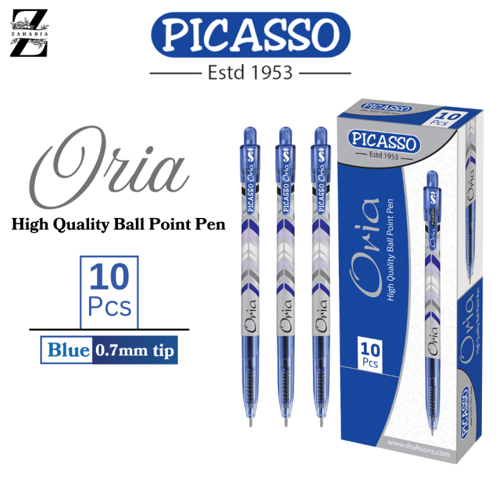 Picasso Oria Pen - Ballpoint - Pack of 10 Pen Box - Ball Pen - School Stationery - Office Stationery - Blue Pen - Red Pen - Black Pen - Zahabia Stationery