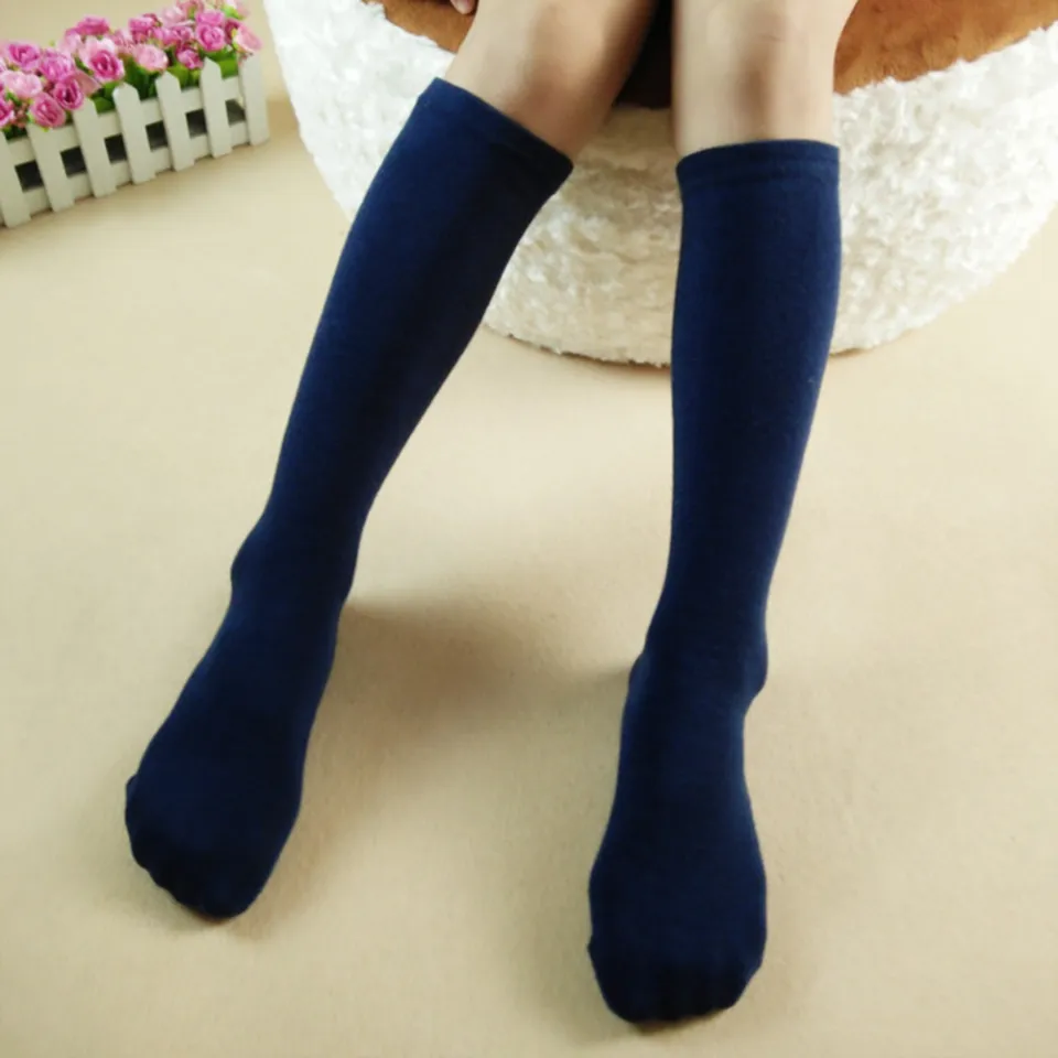 Pair Children Kids Girl Solid Color Comfortable Elastic Knee High Boot  Socks
