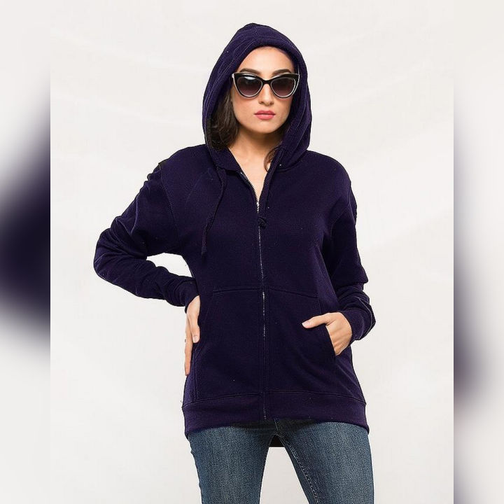 Navy Blue Fleece Zipper Hoodie For Women