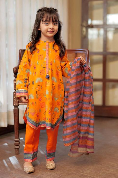 Senorita Stitched Orange and Multicolor Casual 3 Piece Suit Cotton Gold Printed Lawn For Kids and Girls - Design code: kbd-02325