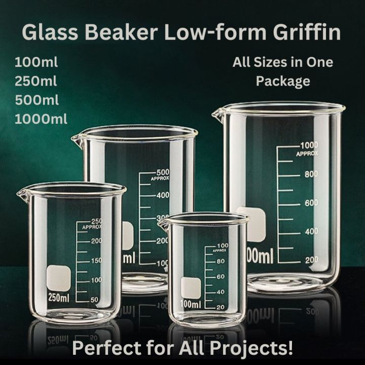 Glass Beaker Set - 100ml, 250ml, 500ml, 1000ml - Borosilicate, Heat Resistant, Graduated Measuring Cups for Lab, Chemistry, Baking, Perfume, Candle Making & DIY Experiments