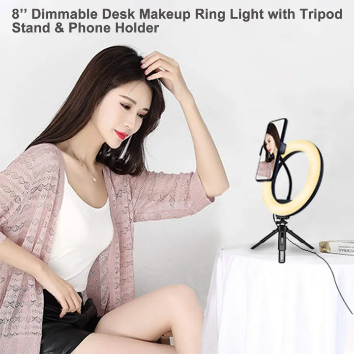 Petdal%208%20inch%20LED%20Ring%20Light%20With%20Tripod%20Stand%20and%20Phone%20Holder,%20Dimmable%203%20Color%20Modes%20&%2010%20Brightness%20USB%20Powered%20Desk%20Selfie%20Makeup%20Ring%20Light%20for%20Live%20Streaming,%20YouTube,%20Video%20Shooting,%20Vlog%20-%20Image%207