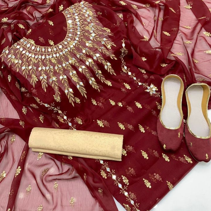Girl's Dream Fashion New Handmade Dress For Women Chiffon Fully Embroided Mirror Work Shirt Embroided Duppata Massori Silk Trouser Matching Khusa 6..11 (Girl's Dream Fashion)