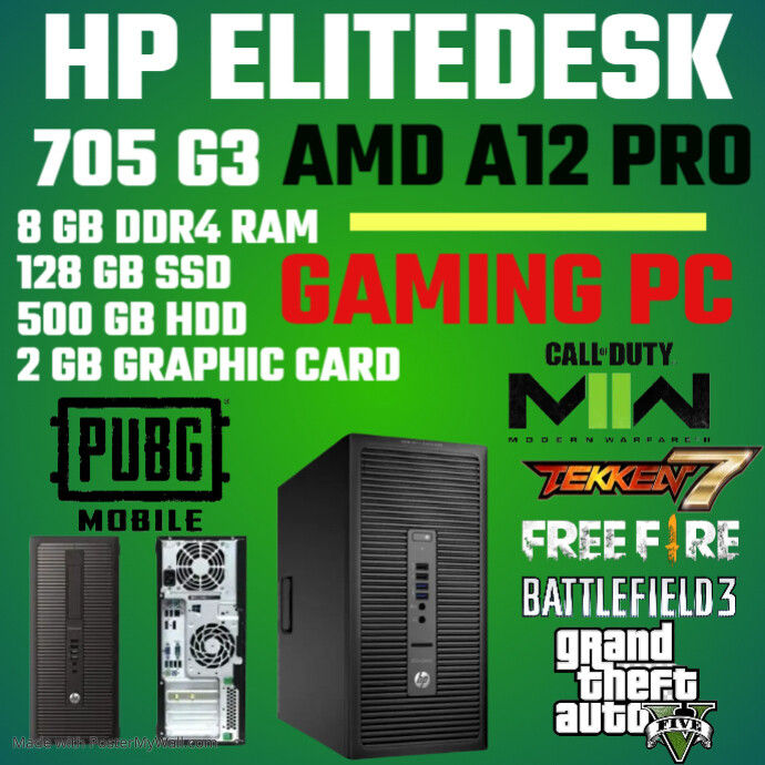 H.P ELITEDESK 705 G3 AMD A12 PRO, 8 GB DDR4 RAM, 128GB SSD, 500 GB, 2GB GAMING GRAPHIC CARD