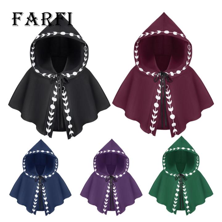 Adult Hooded Cape Short Cape Hooded Lace Up Printed Contrast Color Medieval Vintage Halloween Cosplay Stage Show Performance Unisex Witch Vampires Shawl Gothic Cape