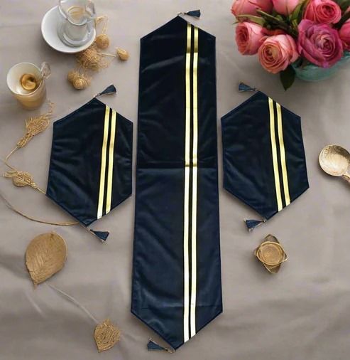 3 Pcs Velvet Table Mat, Table mat Set and Runner for Center Table, Laser Cut Tablemat Set, SIZE of Large Piece 12 x 54 inches and Small Piece 12 x 20 inches