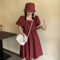Korean version of loose square neck dress 2022 new foreign style puff sleeve dress women's two-piece set with hat. 