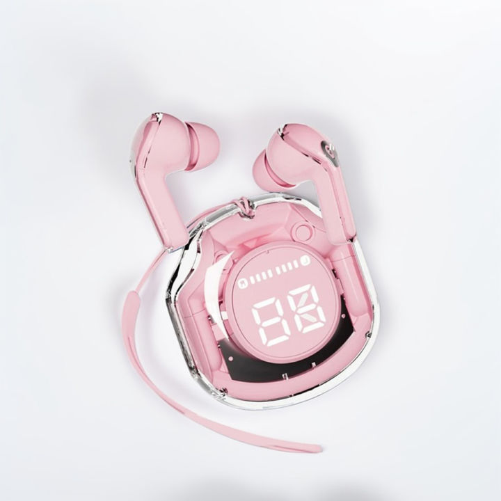 Transparent Pink Air 39 Airpods Earbuds for Girls Bluetooth 5.3 Crystal Stereo Earphones Case
