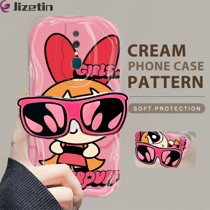 Jizetin for OPPO F11 Back Cover With Cartoon Powerpuff Girls Sunlasses Holder Cream Texture Wavy Edge Soft Silicone Phone Cases