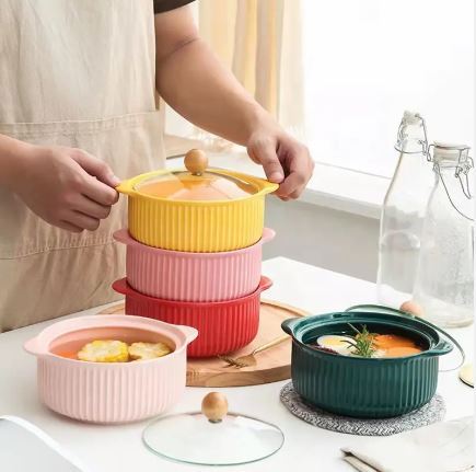 Techmanistan Nordic Ceramic Soup Bowls With Glass Lid Handles Dessert Noodle Pot, Large Soup Bowl With Lid Ceramic Instant Noodle Bowl