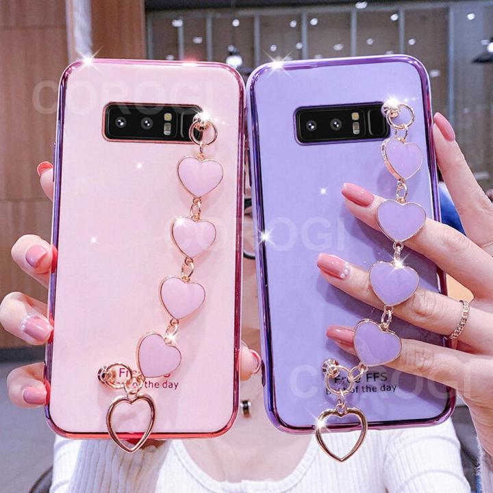 For Samsung Galaxy Note 8 Back Cover with Love Heart Chain Wrist Strap Fashion Bracelet Shiny Plating Bumper Protective Case Silicone Shockproof Mobile Phone Cases