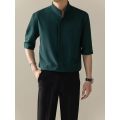 Summer thin stand up collar ice silk short sleeved for men Ins trendy brand new Chinese light mature style slim fit one and a half shirt. 