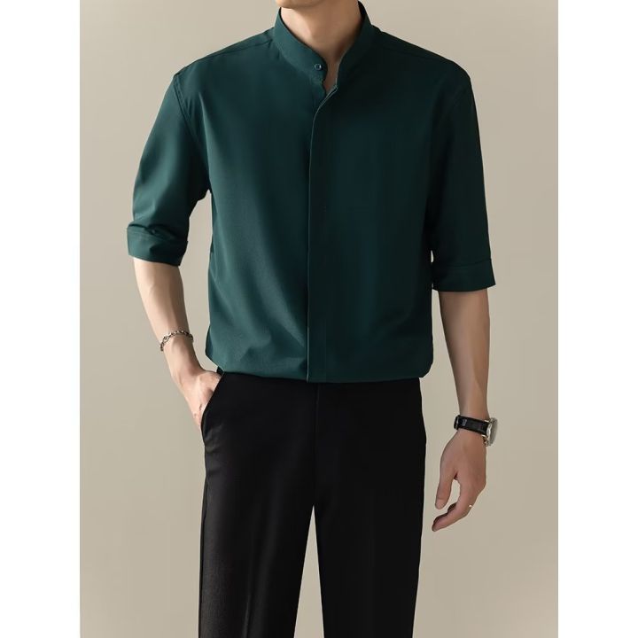 Summer%20thin%20stand%20up%20collar%20ice%20silk%20short%20sleeved%20for%20men%20Ins%20trendy%20brand%20new%20Chinese%20light%20mature%20style%20slim%20fit%20one%20and%20a%20half%20shirt%20-%20Image%206