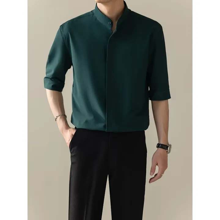 Summer%20thin%20stand%20up%20collar%20ice%20silk%20short%20sleeved%20for%20men%20Ins%20trendy%20brand%20new%20Chinese%20light%20mature%20style%20slim%20fit%20one%20and%20a%20half%20shirt%20-%20Image%206