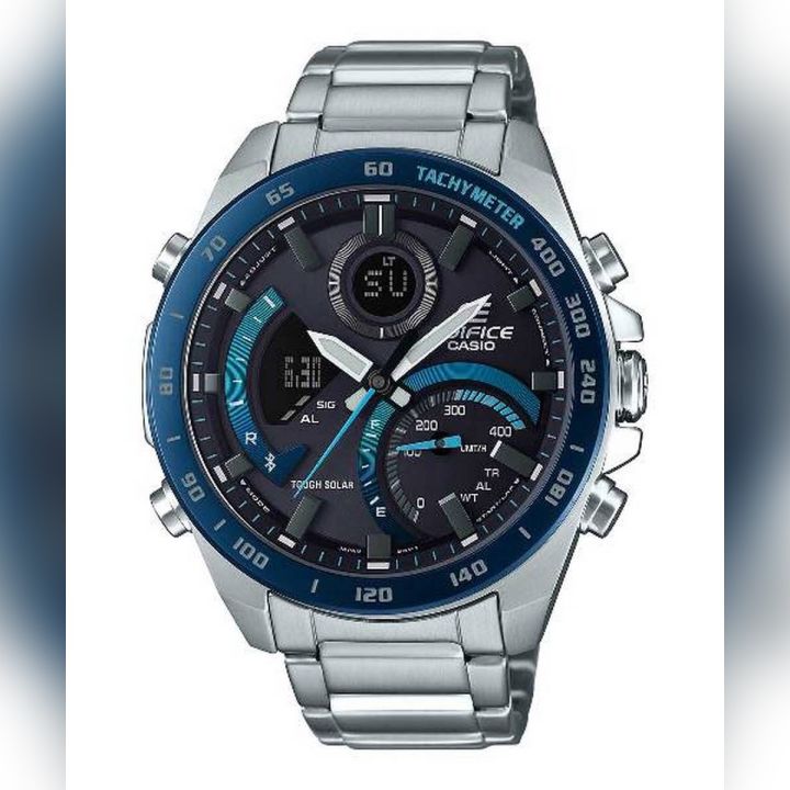 Casio Edifice Mens Steel Silver/Black Solar Powered Bluetooth World Time Analog-Digital Watch Silver Steel Band Watch-ECB-900DB-1BDR