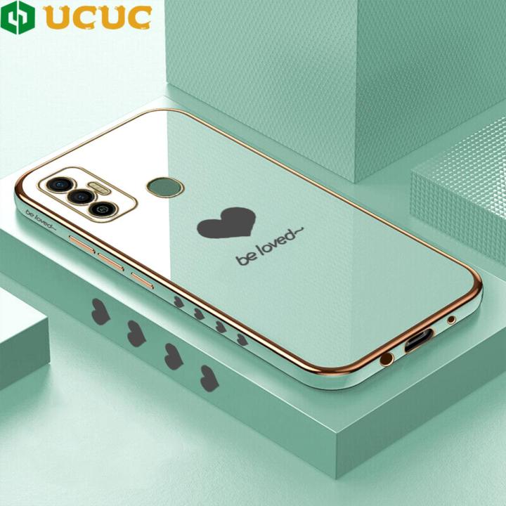 UCUC for Tecno Spark 7 / 7T / KF6P Back Cover + Free Lanyard Simple Love Luxury 6D Plating Case Side Pattern Soft Silicone Square Mobile Phone Cases