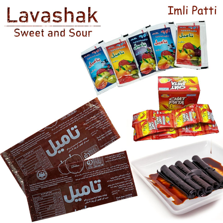 20 Pcs Set Persian Lavashak 10 Fruit Leather Roll Sheets Sweet and Sour Layer 5 Tamil Imli Sauce 5 Churan Chat Masala Irani Imli Strips Khati Methi Powder Chooran Chaat Viral Choran Rolls Taili lava Shak Box Recipe Souce Candy Sheet Snack Ready to Eat