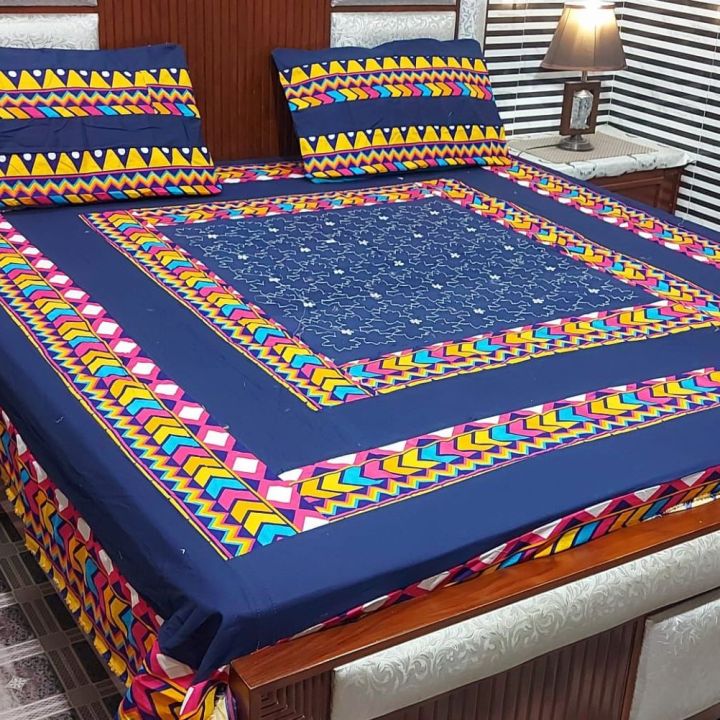 Embroidered Patch Work King Size BedSheet - High Quality - Cotton Double Bedsheet Embroided - FSDBazar