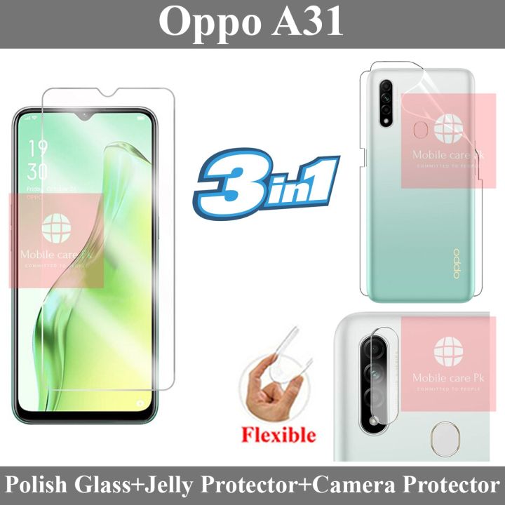 Oppo A31 Tempered Glass Screen Protector Polish Glass + Oppo A31 Back Clear Jelly Protector Soft Film Protection Hydrogel Film Protector + Back Camera 9H Gorilla Flexible Protector For Oppo A31