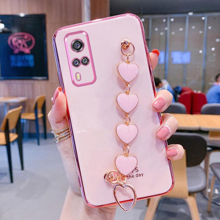For Vivo Y31 Phone Cover + 3D Love Heart Wristband Fashion Ultra Thin Shiny Plating Bumper Soft TPU Silicone Shockproof Protective Case Back Cover