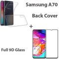 Samsung Galaxy A70 Full Black 9D5D6D10D11D21D Tempered Glass Screen Protector Full Glue Edge To Edge + Back Cover Transparent Soft Silicone Crystal Clear Case Cover For Samsung Galaxy A70. 