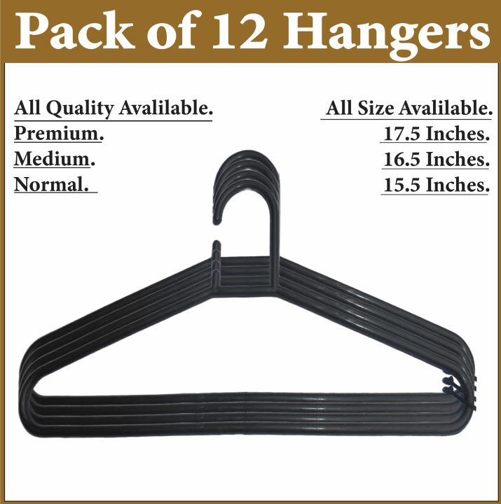 Hangers for Clothes Heavy Duty Large Full Big Size Normal Medium Top Premium Quality Durable Coat Hangers Lightweight for Childs Woman Man Children Boys Girls baby Clothes Black Color Plastic Hangers l Space Saving Laundry Cupboard Pack of 12 Nashwa