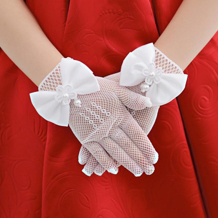 Kids Party Lace Pearl Fishnet Gloves Communion Flower Girl Party Gloves Children's Glove High Elasticity Mesh Bow Gloves