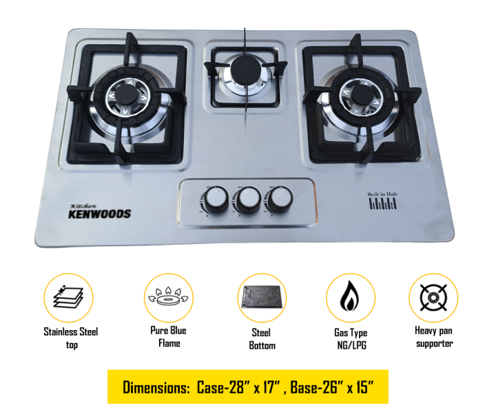 Kitchen Kenwood 3 Burner Stainless Steel Top Gas Hob With Automatic Ignition System(Both LPG And NG Models Available)