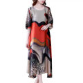 Casual Loose Vintage Floral Printed Long Dress Folk Women's Clothing Straight All-match Patchwork Summer Short Sleeve Dresses. 