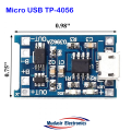 TP 4056 Micro USB 18650 Lithium battery charging and protection integrated charging board. 