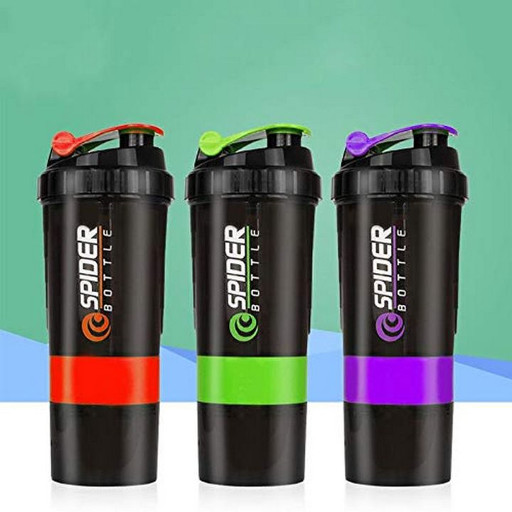 BIG SIZE SPIDER BOTTLE PROTEIN & MULTI PURPOSE SHAKER WITH two storage Cups SOLUTION Straws Spider Shaker SIPPER 500ml GYM Bottle
