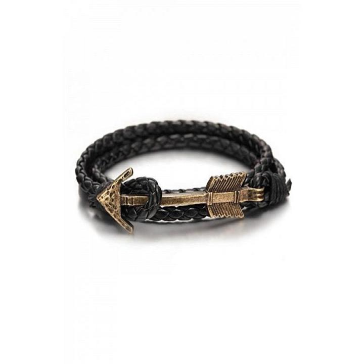 Bronze Black PU Leather & Alloy Anchor Bracelet