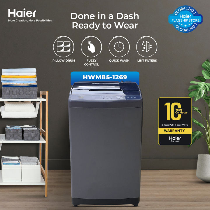 HWM 85-1269S6-Haier-8.5 kg-Fully Automatic-Top Loading Washing Machine-Pillow Drum-Quick Wash-Dual Lint Filters-10 Years Warranty