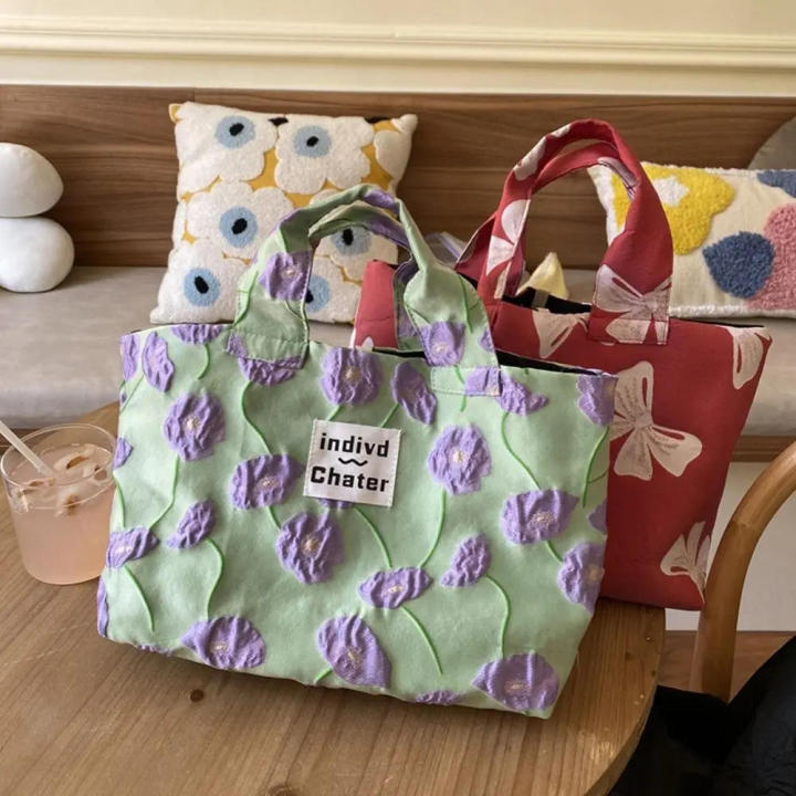 Bow Detailing Floral Tote Bag Artistic Design Durable Canvas French Style Oil Painting Bag Handheld Bag Single Strap Vintage Handbag for Daily Use Fashionistas Picnic Accessory Ladies' Lunch Bag