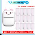 Pocket Inkless Mini Printer - 15 x Sticky Paper Roll & 15 x Thermal Paper Roll - Thermal Portable Bluetooth Wireless Mini Printer For Kids - For Photo, Picture, Office Receipt, Label Note, QR Code - Compatible With IOS & Android - Pink & Blue. 