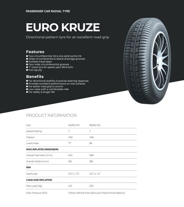 GTR TYRES 185/65R14 EURO KRUZE|WITH NOZZEL| FOR CULTUS,VITZ,PASSO,,LIANA(EACH TYRE PRICE)