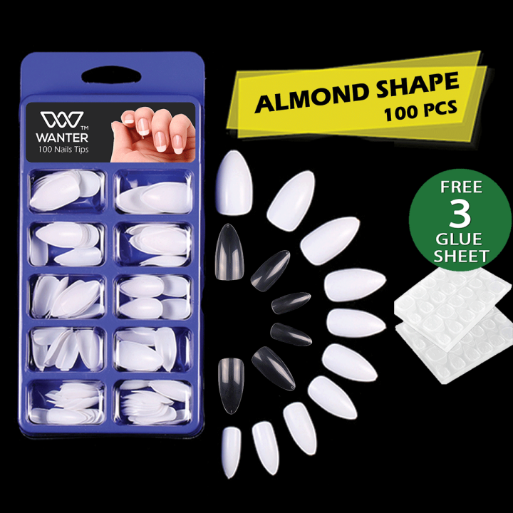 WANTER 100pcs Almond Shape Fake Nails For Girls, With 3 Free Nails Glues Sheets Stickers, Artificial Nails, False Nails For Girls Beautiful Fancy Nails With Nail Glue, Temporary Nails Acrylic Nails Kit 100pcs Set Transparent & Natural