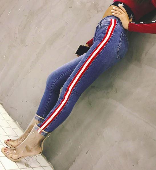 Denim Blue Stretchable Skinny Two Tone Striped Jeans