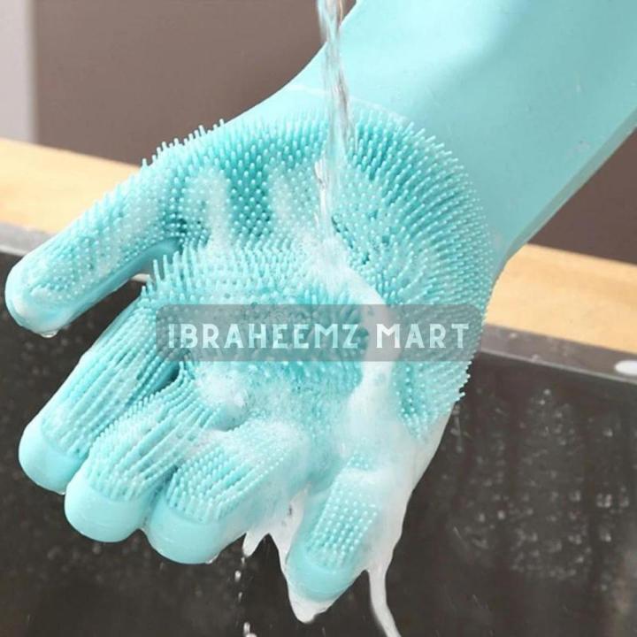 Ibraheemz Mart - Kitchen Washing Hand cleaning Gloves, Waterproof gloves for Washing Dishes, Kitchen Gloves,  Silicon Gloves, Kitchen Silicon Gloves, Silicon Gloves for Dish Washing, Silicon Scrubbing Gloves