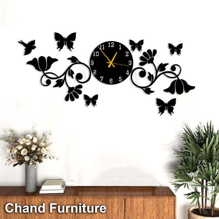 Chand Furniture 3D And Flowers With Birds Wooden wall Clock | Wooden Wall Clock I Wall Clocks for Office I Wall Clock For Bedroom | Wall Clocks And Wall Decor | Clock  | wall clock decoration items | wall clock butterfly