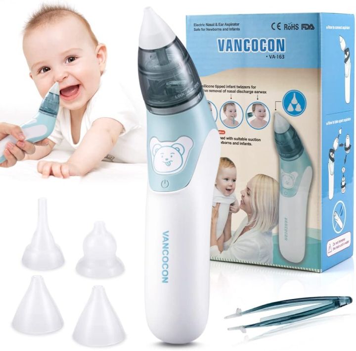 VANCOCON Nasal Aspirator, 2 in 1 Baby Nasal Aspirator & Ear Wax Remover, Electric Baby Nose Cleaner with 4 Silicone Nozzles for Newborns, Toddlers, Blue091